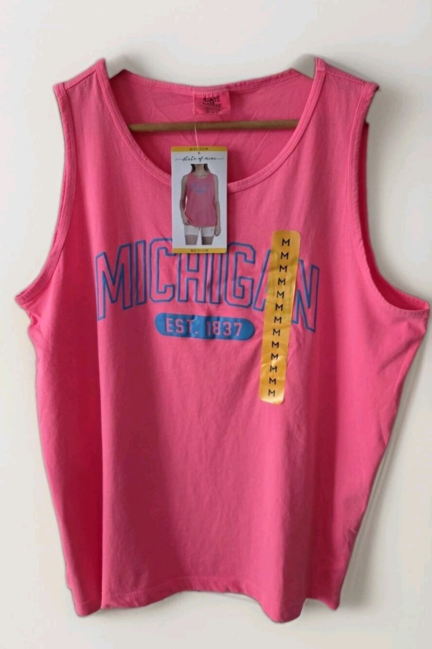 NWT State of Mine Womens Michigan Graphic Tank Top Hot Pink 100% Cotton Size M